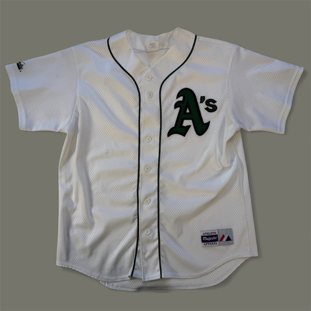 Vtg 90s Majestic Oakland A's‎ Button Up Mesh Baseball Jersey Adult Large White